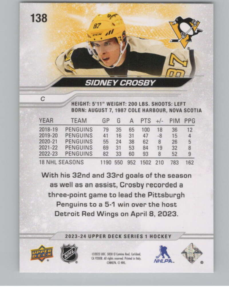 2023-24 Upper Deck #138 Sidney Crosby  Pittsburgh Penguins  V100398 Image 2