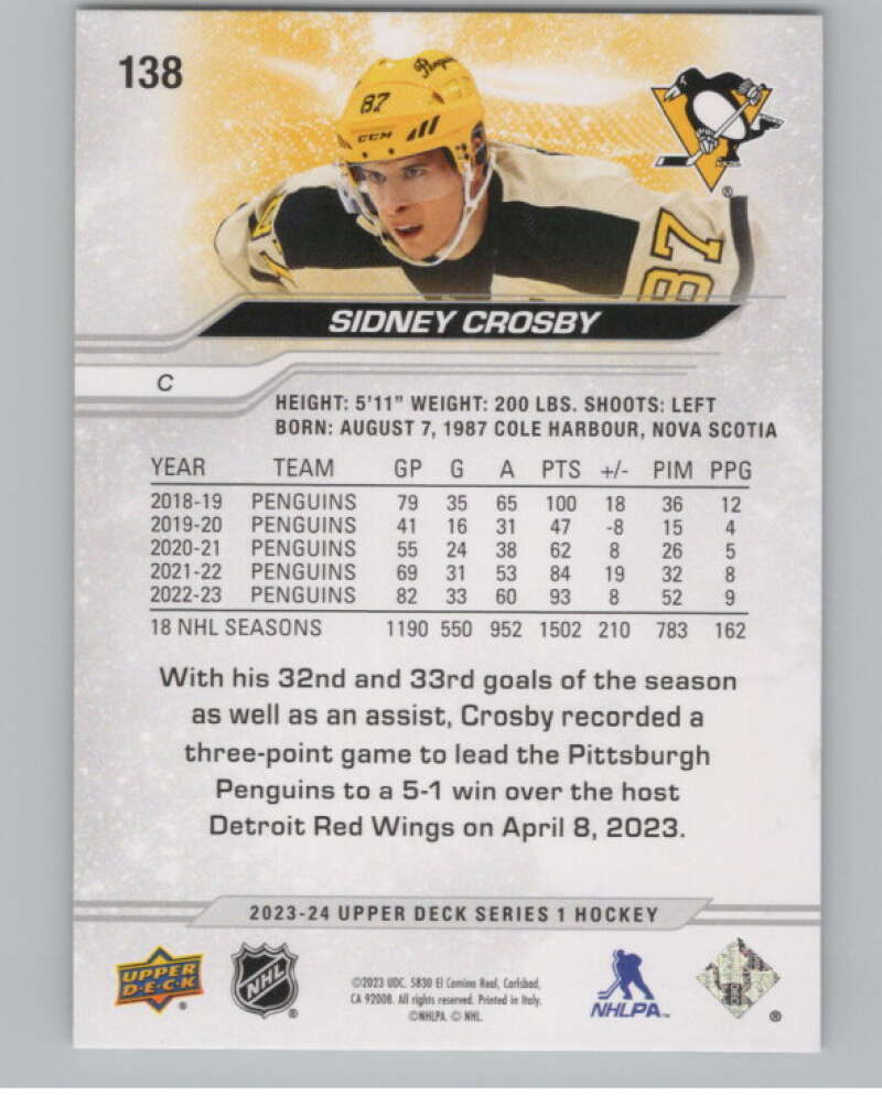 2023-24 Upper Deck #138 Sidney Crosby  Pittsburgh Penguins  V100404 Image 2