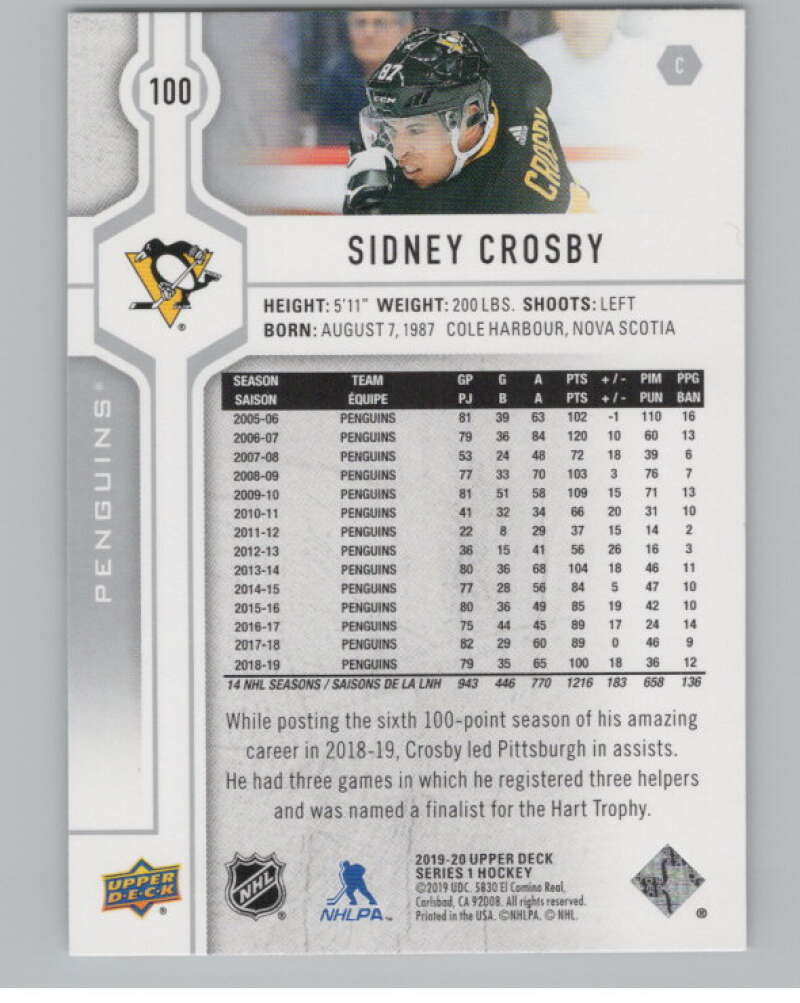 2019-20 Upper Deck #100 Sidney Crosby  Pittsburgh Penguins  V100411 Image 2