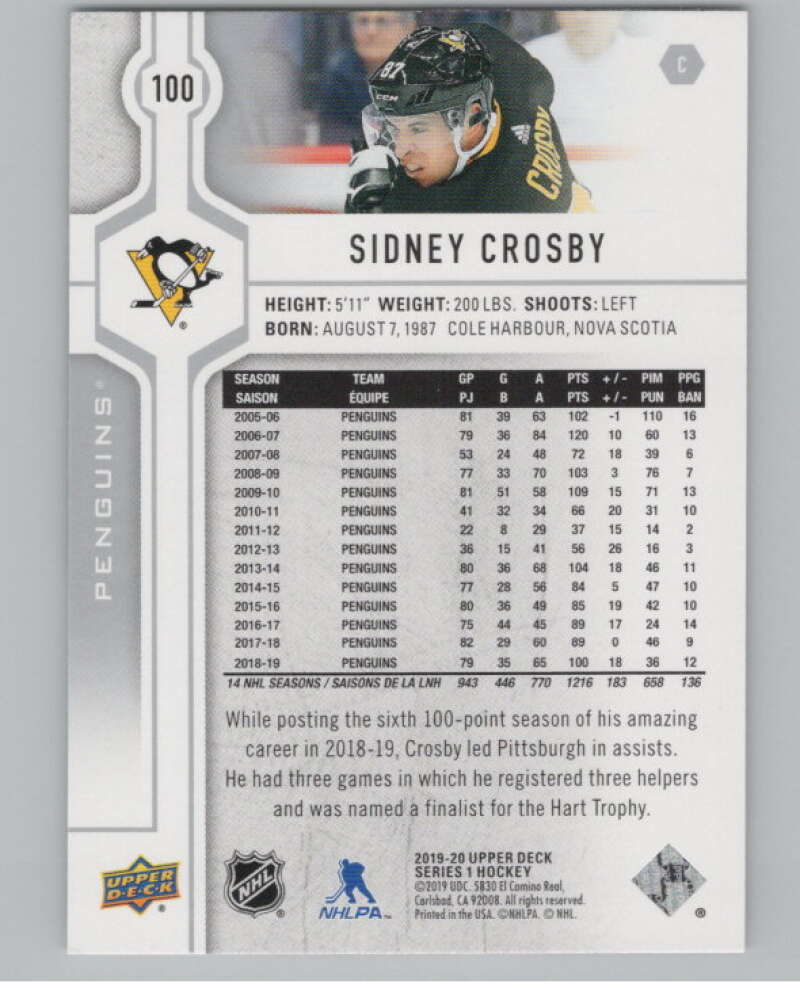 2019-20 Upper Deck #100 Sidney Crosby  Pittsburgh Penguins  V100412 Image 2