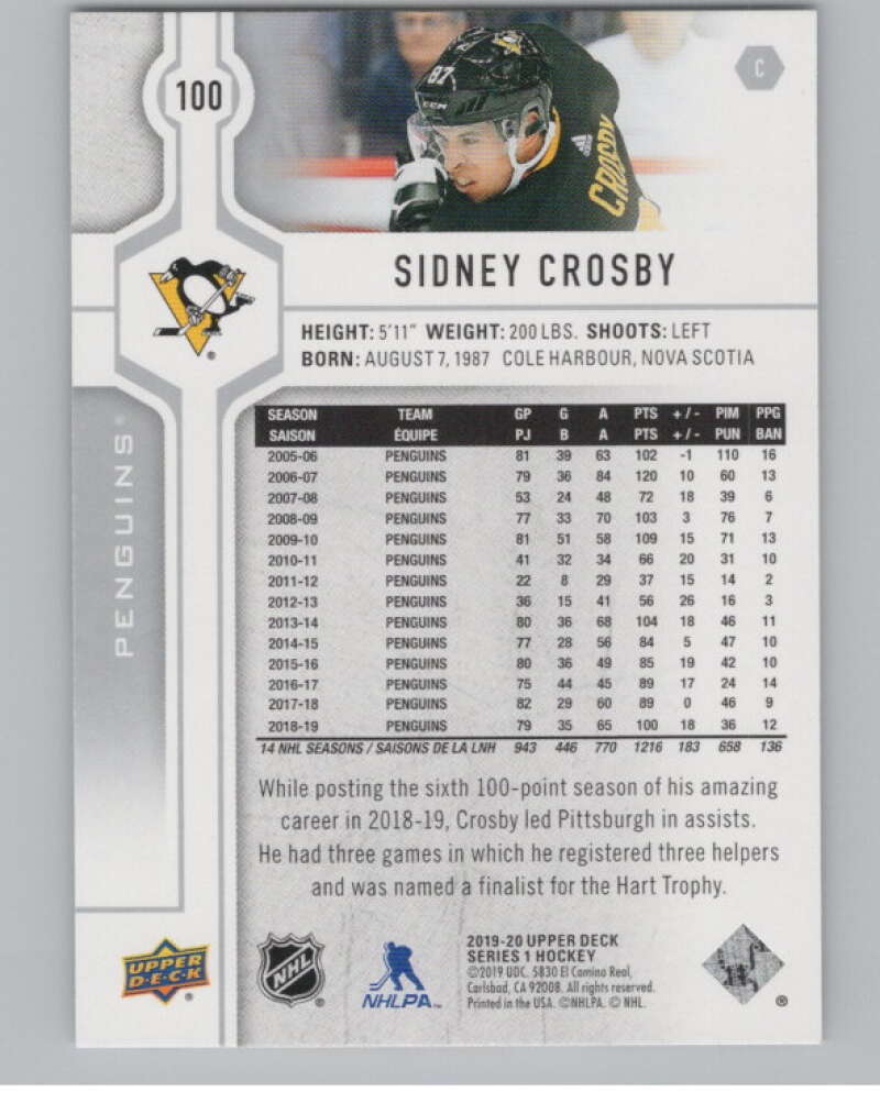2019-20 Upper Deck #100 Sidney Crosby  Pittsburgh Penguins  V100414 Image 2