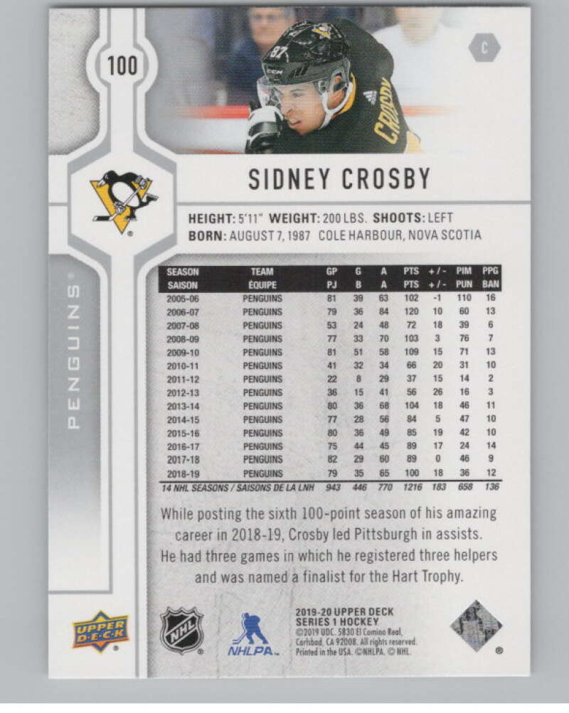 2019-20 Upper Deck #100 Sidney Crosby  Pittsburgh Penguins  V100415 Image 2