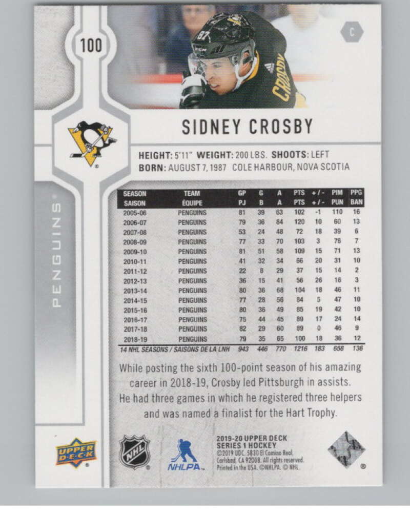 2019-20 Upper Deck #100 Sidney Crosby  Pittsburgh Penguins  V100416 Image 2