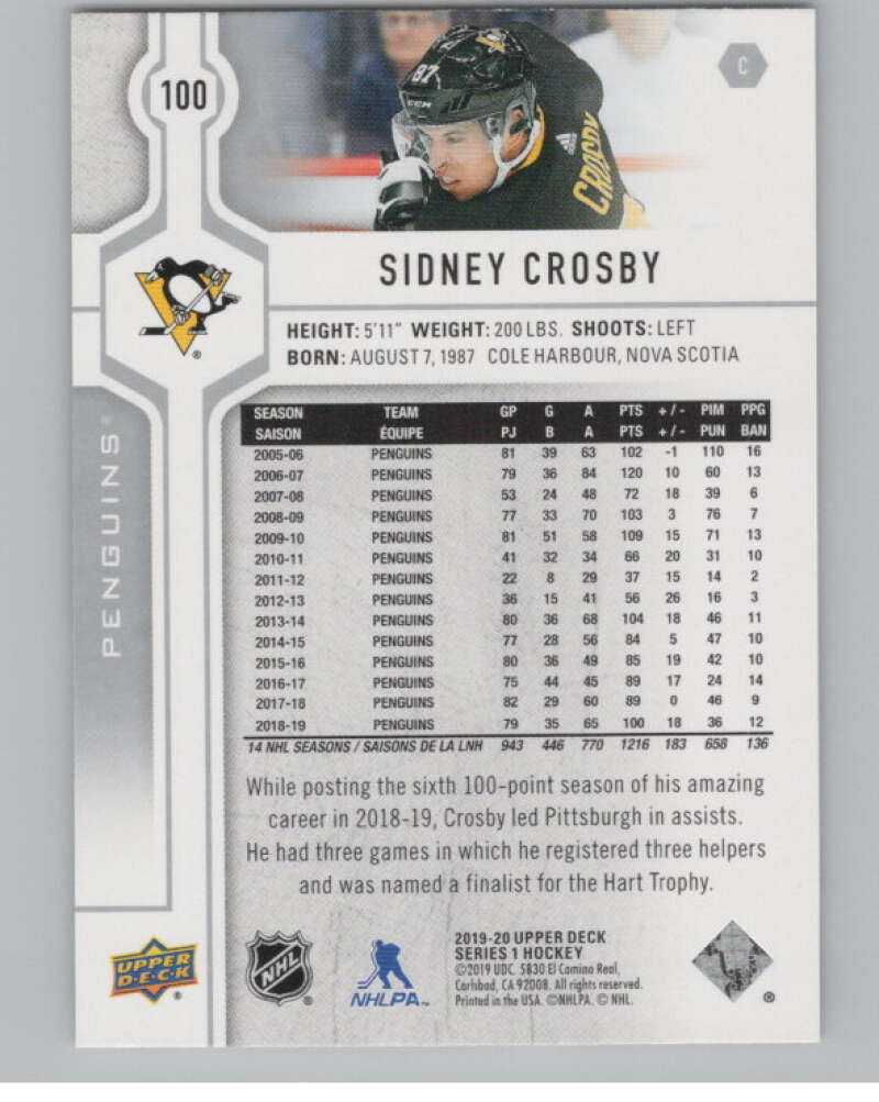 2019-20 Upper Deck #100 Sidney Crosby  Pittsburgh Penguins  V100417 Image 2