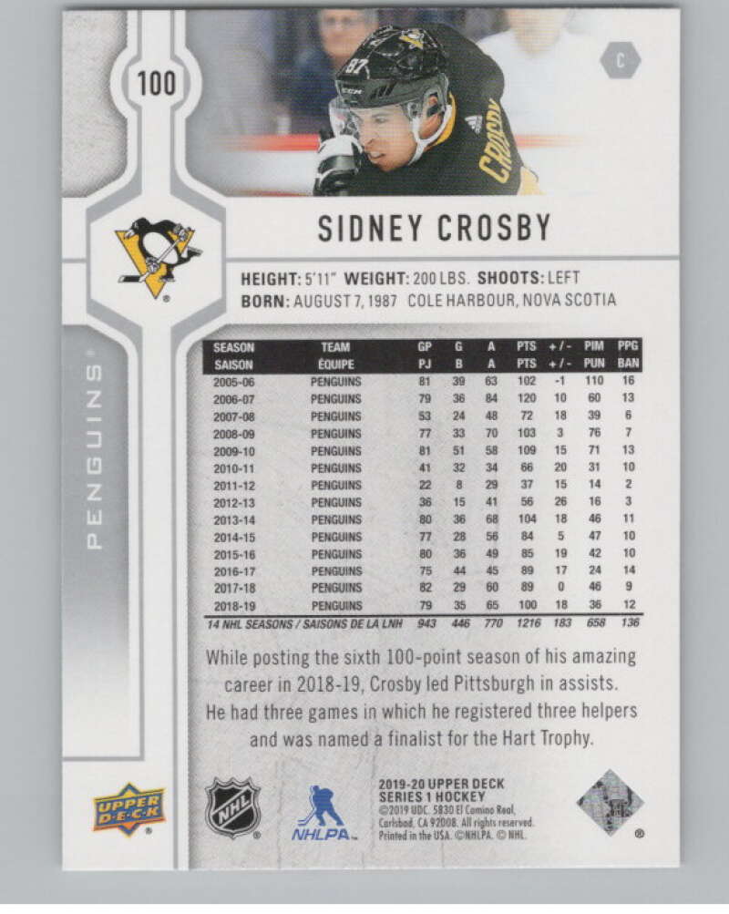 2019-20 Upper Deck #100 Sidney Crosby  Pittsburgh Penguins  V100418 Image 2
