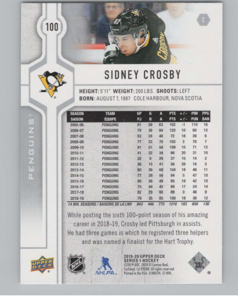 2019-20 Upper Deck #100 Sidney Crosby  Pittsburgh Penguins  V100420 Image 2