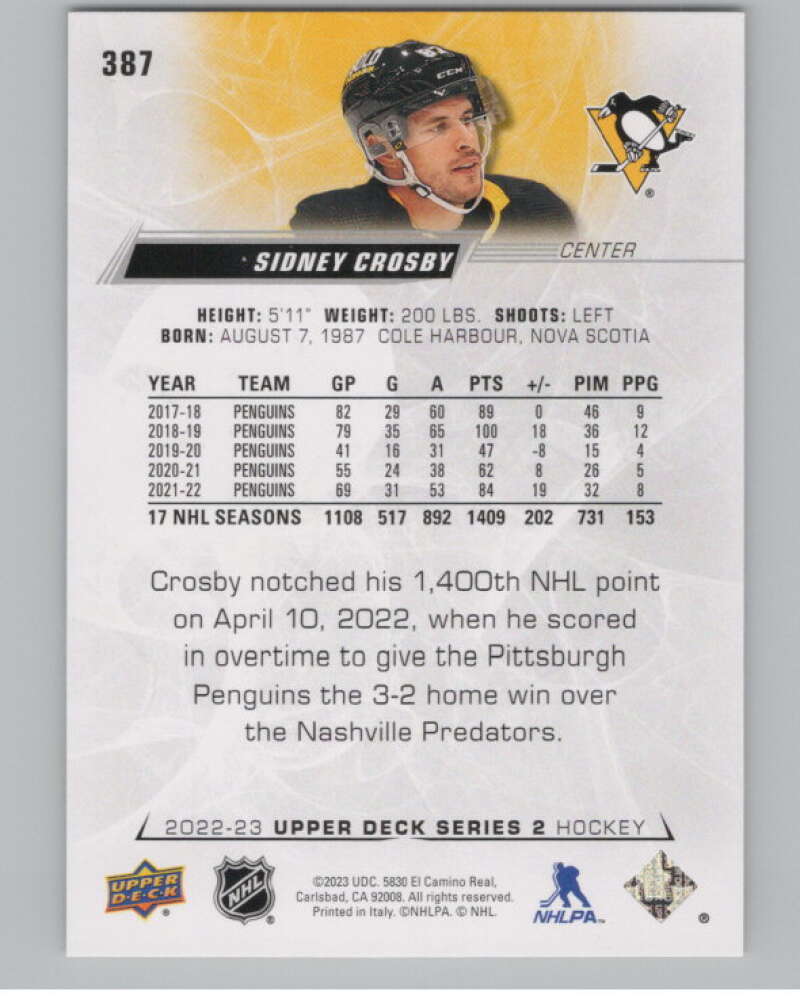 2022-23 Upper Deck #387 Sidney Crosby  Pittsburgh Penguins  V100421 Image 2