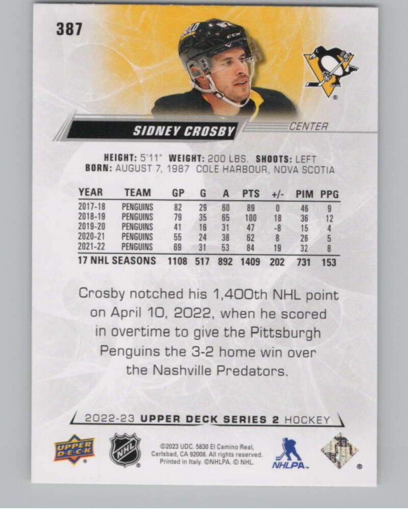 2022-23 Upper Deck #387 Sidney Crosby  Pittsburgh Penguins  V100422 Image 2