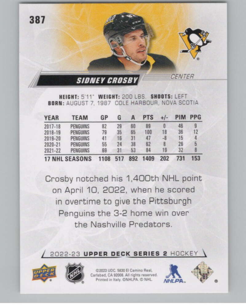 2022-23 Upper Deck #387 Sidney Crosby  Pittsburgh Penguins  V100423 Image 2