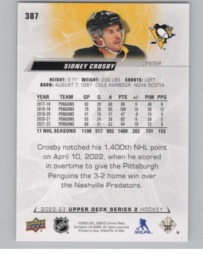 2022-23 Upper Deck #387 Sidney Crosby  Pittsburgh Penguins  V100424 Image 2