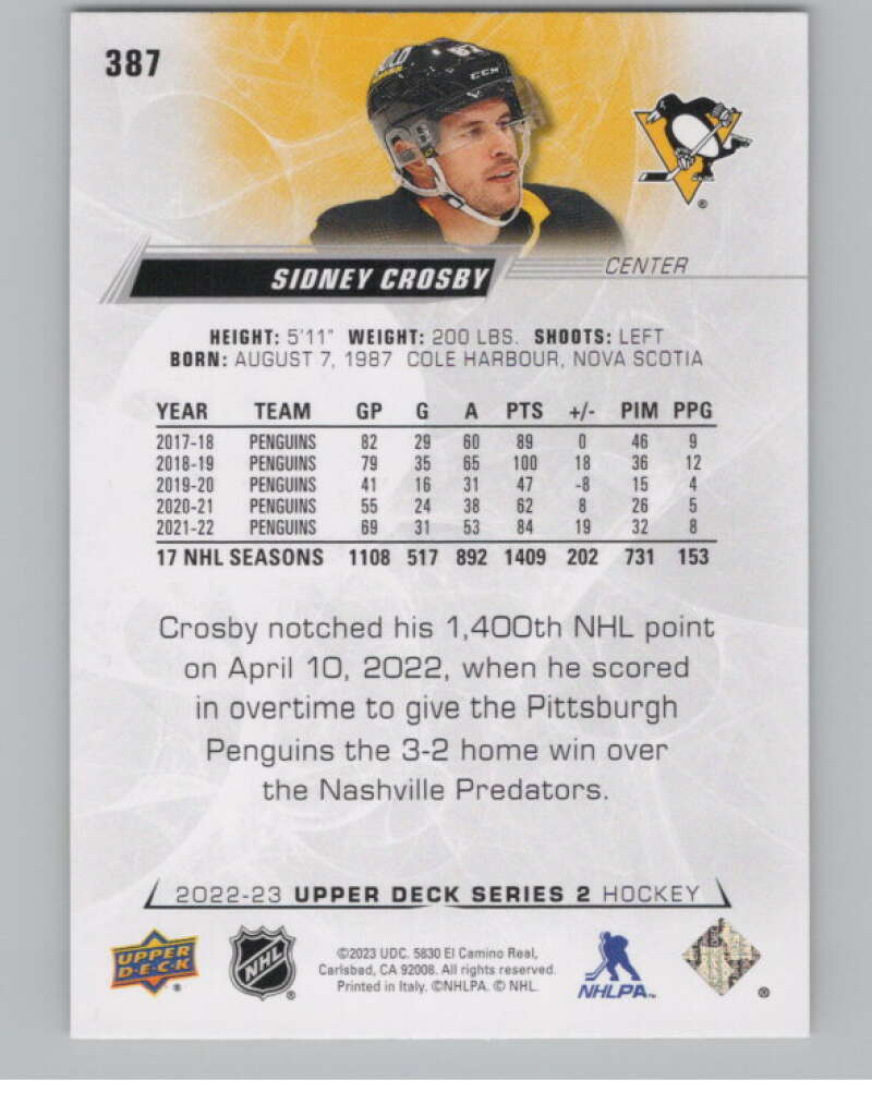 2022-23 Upper Deck #387 Sidney Crosby  Pittsburgh Penguins  V100425 Image 2