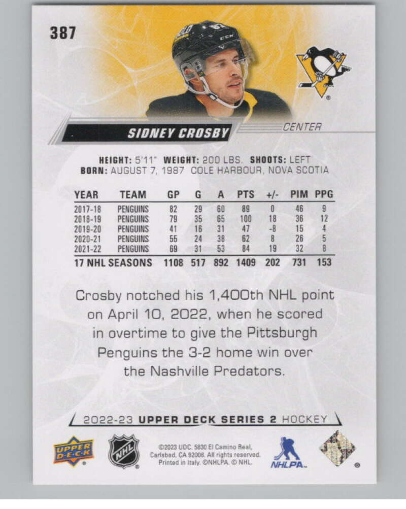 2022-23 Upper Deck #387 Sidney Crosby  Pittsburgh Penguins  V100426 Image 2