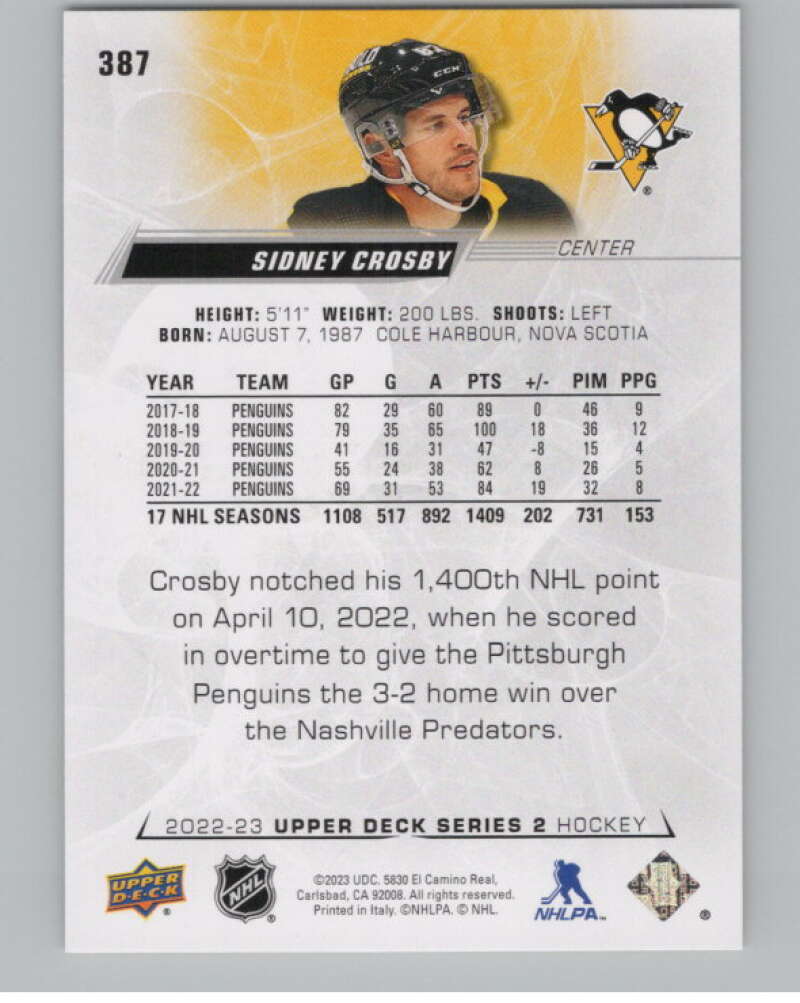 2022-23 Upper Deck #387 Sidney Crosby  Pittsburgh Penguins  V100427 Image 2