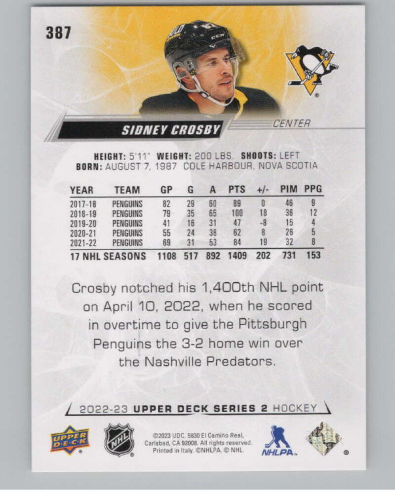 2022-23 Upper Deck #387 Sidney Crosby  Pittsburgh Penguins  V100428 Image 2