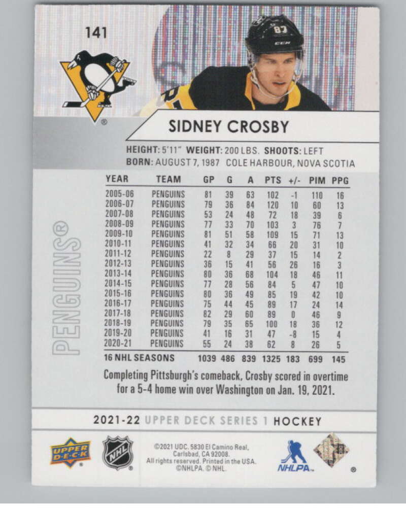 2021-22 Upper Deck #141 Sidney Crosby  Pittsburgh Penguins  V100429 Image 2