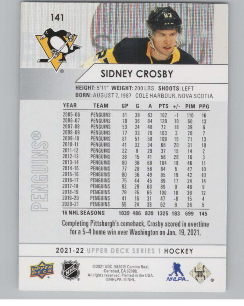 2021-22 Upper Deck #141 Sidney Crosby  Pittsburgh Penguins  V100430 Image 2
