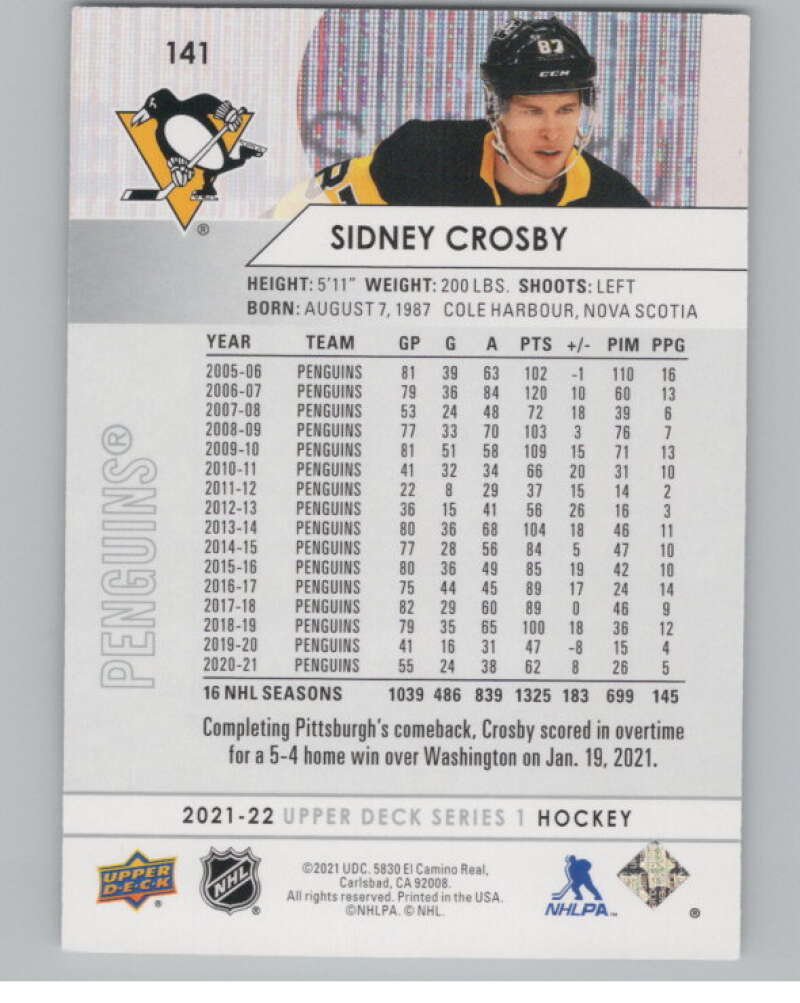 2021-22 Upper Deck #141 Sidney Crosby  Pittsburgh Penguins  V100431 Image 2