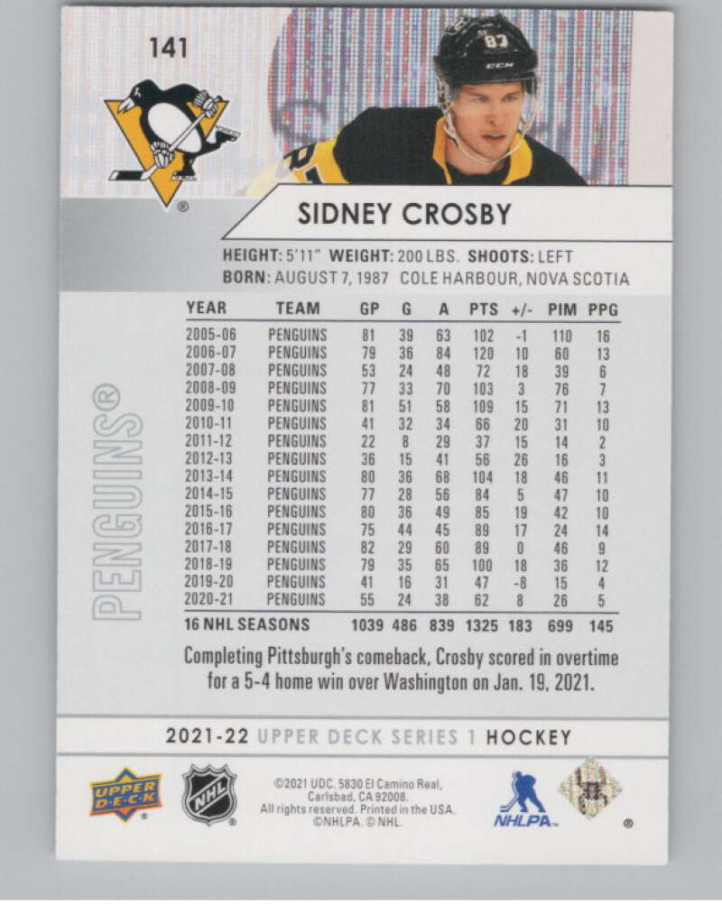 2021-22 Upper Deck #141 Sidney Crosby  Pittsburgh Penguins  V100432 Image 2