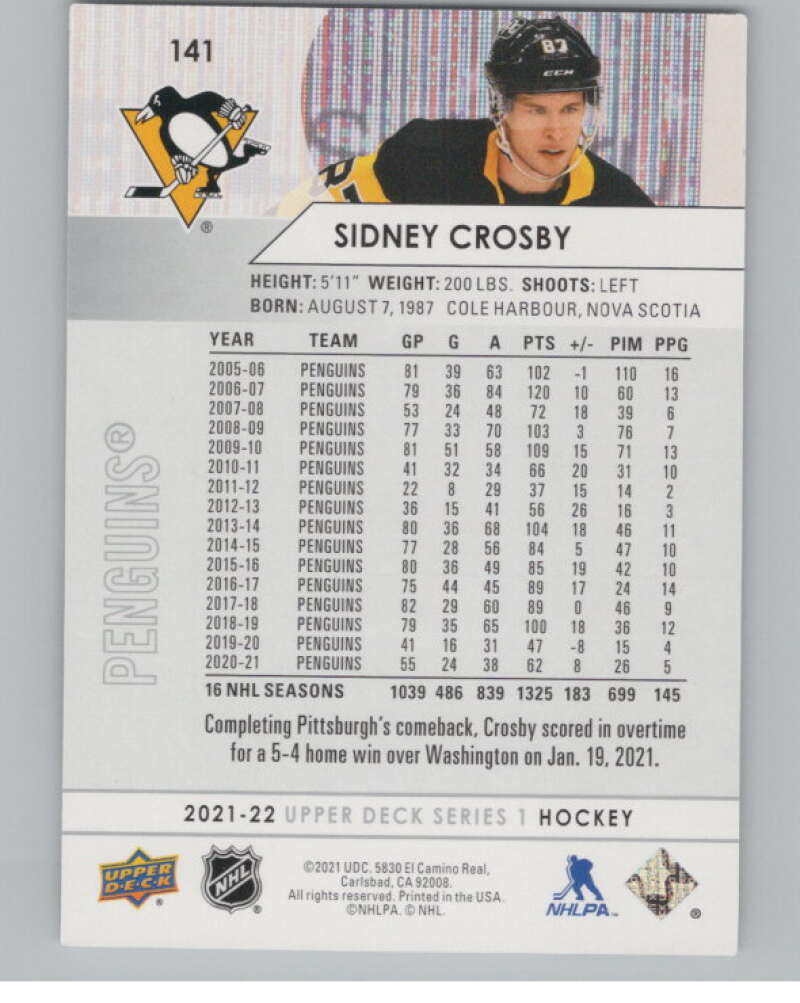 2021-22 Upper Deck #141 Sidney Crosby  Pittsburgh Penguins  V100433 Image 2