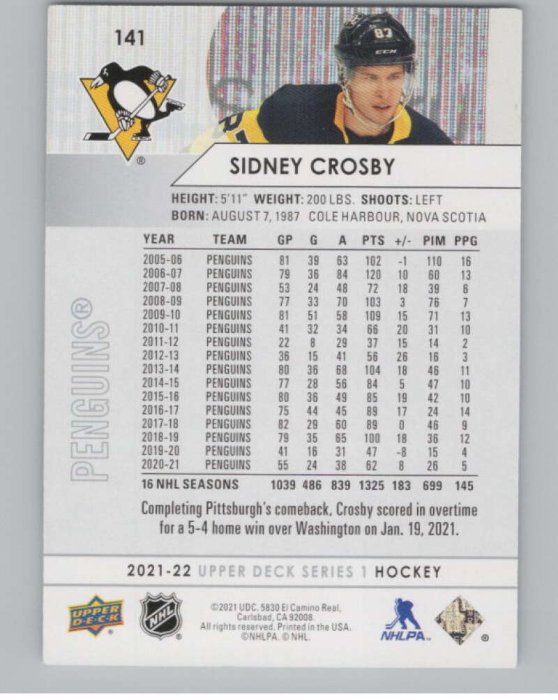 2021-22 Upper Deck #141 Sidney Crosby  Pittsburgh Penguins  V100434 Image 2
