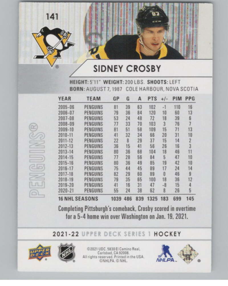 2021-22 Upper Deck #141 Sidney Crosby  Pittsburgh Penguins  V100435 Image 2