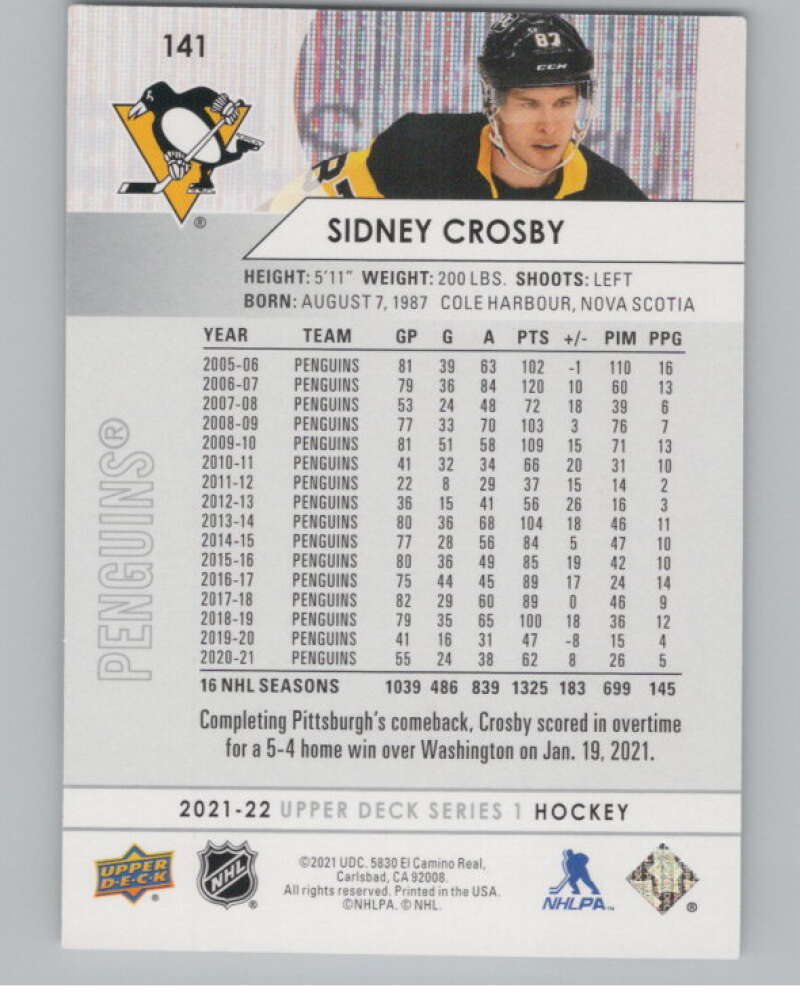 2021-22 Upper Deck #141 Sidney Crosby  Pittsburgh Penguins  V100436 Image 2