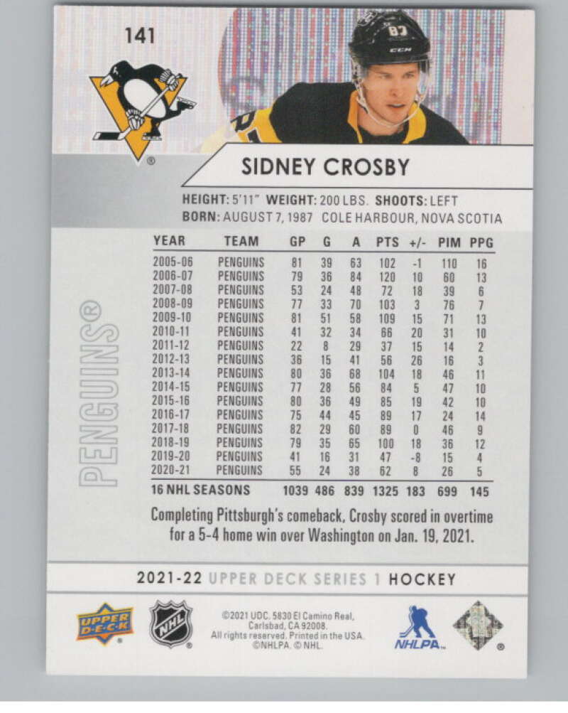 2021-22 Upper Deck #141 Sidney Crosby  Pittsburgh Penguins  V100437 Image 2