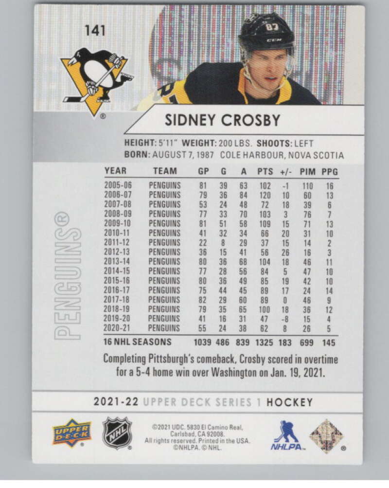 2021-22 Upper Deck #141 Sidney Crosby  Pittsburgh Penguins  V100438 Image 2