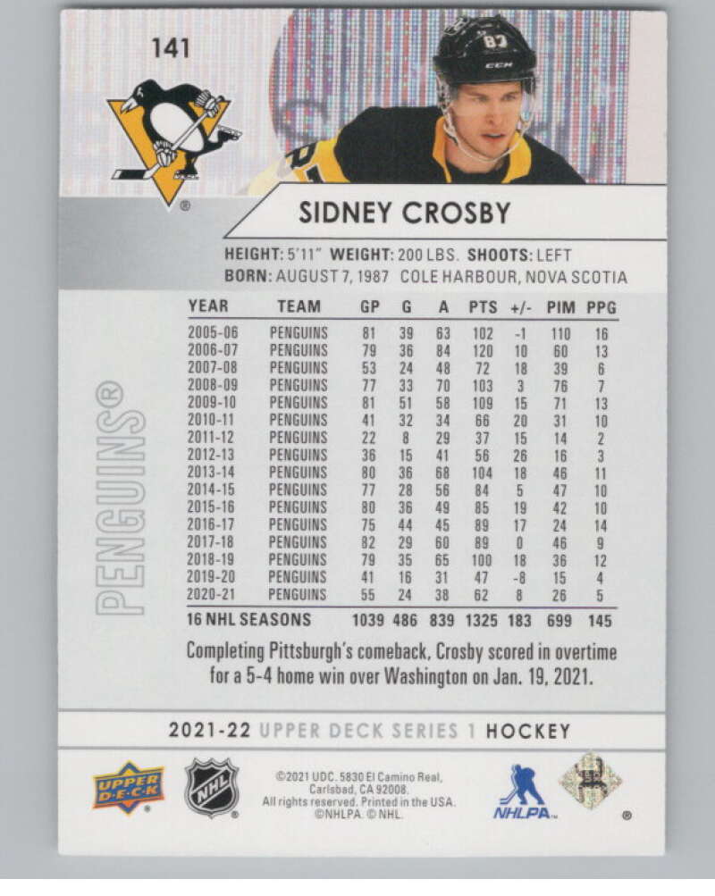2021-22 Upper Deck #141 Sidney Crosby  Pittsburgh Penguins  V100439 Image 2