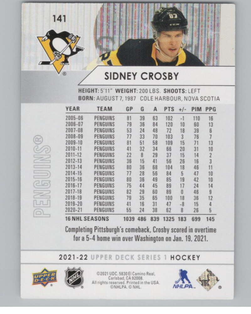 2021-22 Upper Deck #141 Sidney Crosby  Pittsburgh Penguins  V100440 Image 2