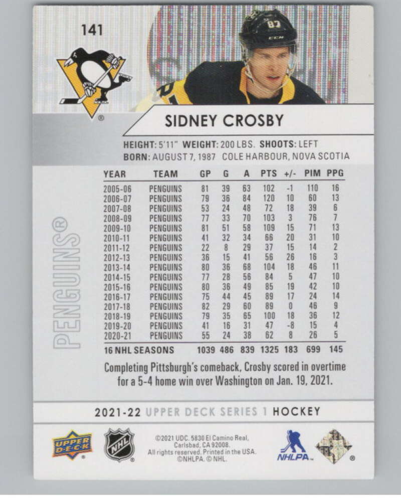 2021-22 Upper Deck #141 Sidney Crosby  Pittsburgh Penguins  V100441 Image 2
