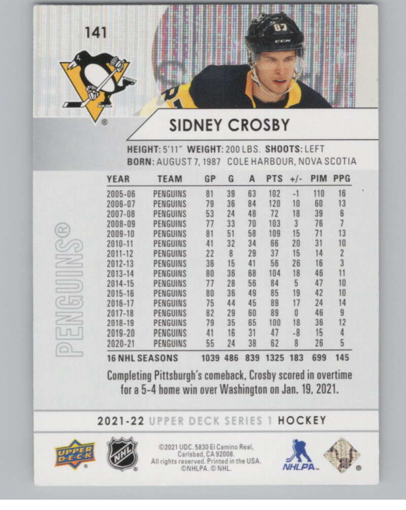 2021-22 Upper Deck #141 Sidney Crosby  Pittsburgh Penguins  V100442 Image 2