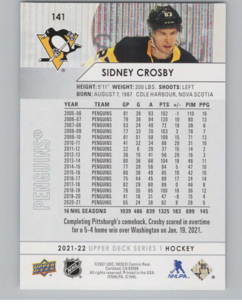 2021-22 Upper Deck #141 Sidney Crosby  Pittsburgh Penguins  V100443 Image 2
