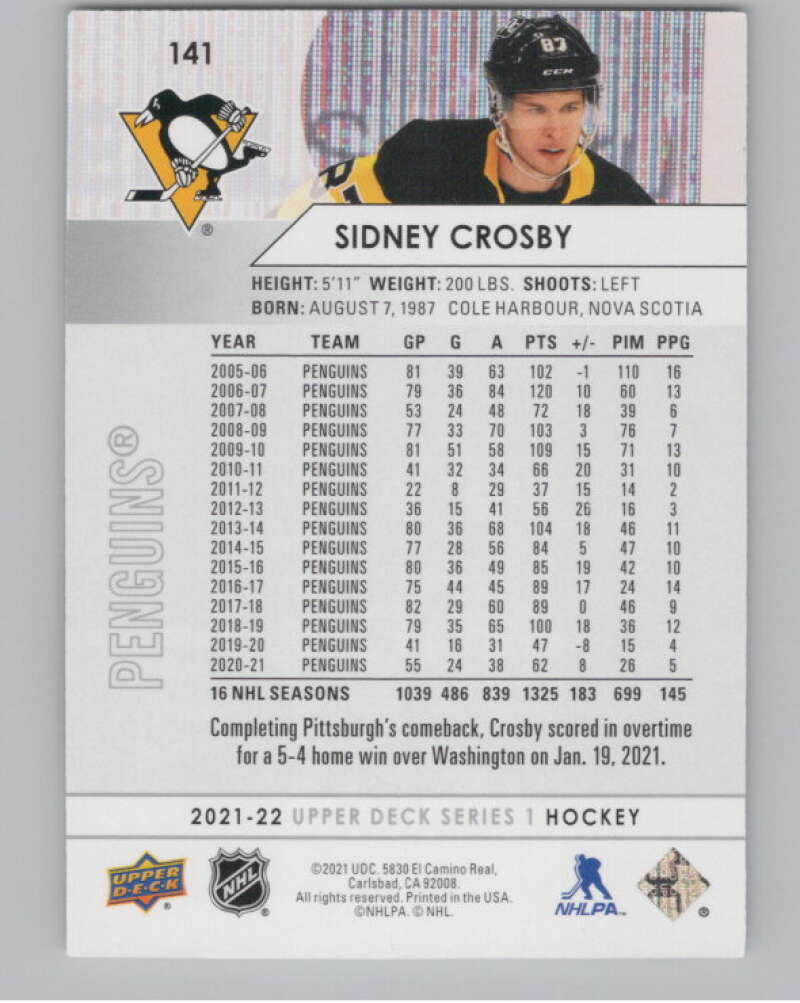 2021-22 Upper Deck #141 Sidney Crosby  Pittsburgh Penguins  V100444 Image 2