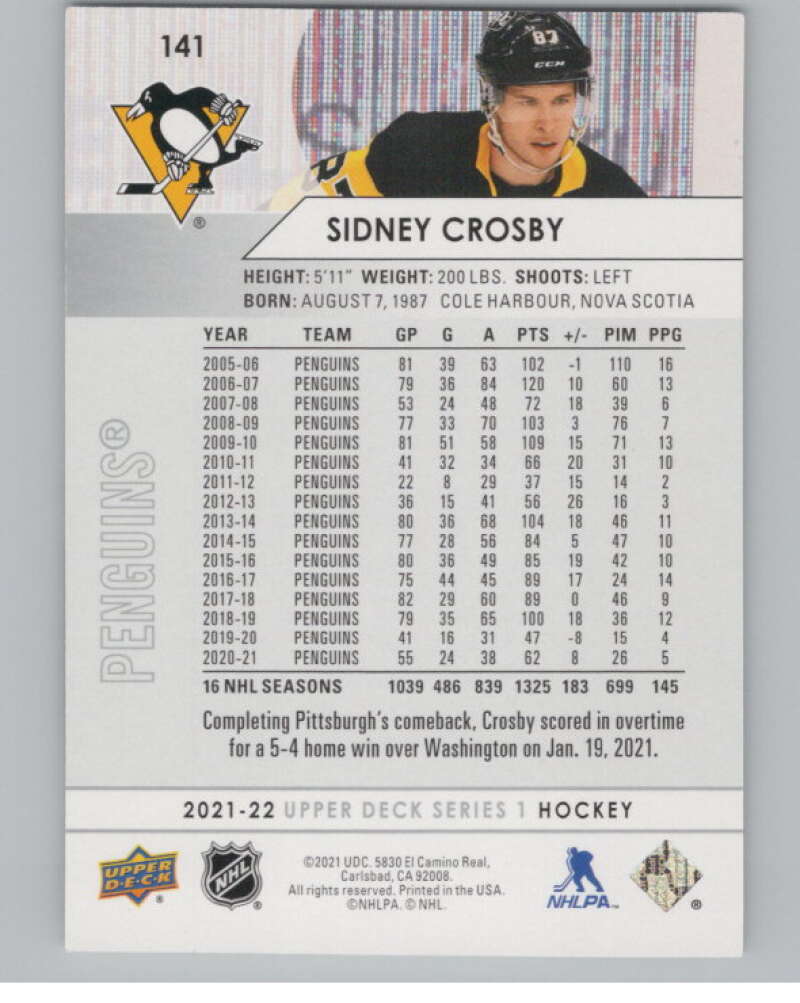 2021-22 Upper Deck #141 Sidney Crosby  Pittsburgh Penguins  V100445 Image 2