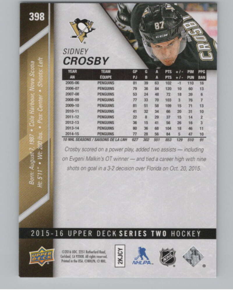 2015-16 Upper Deck #398 Sidney Crosby  Pittsburgh Penguins  V100446 Image 2