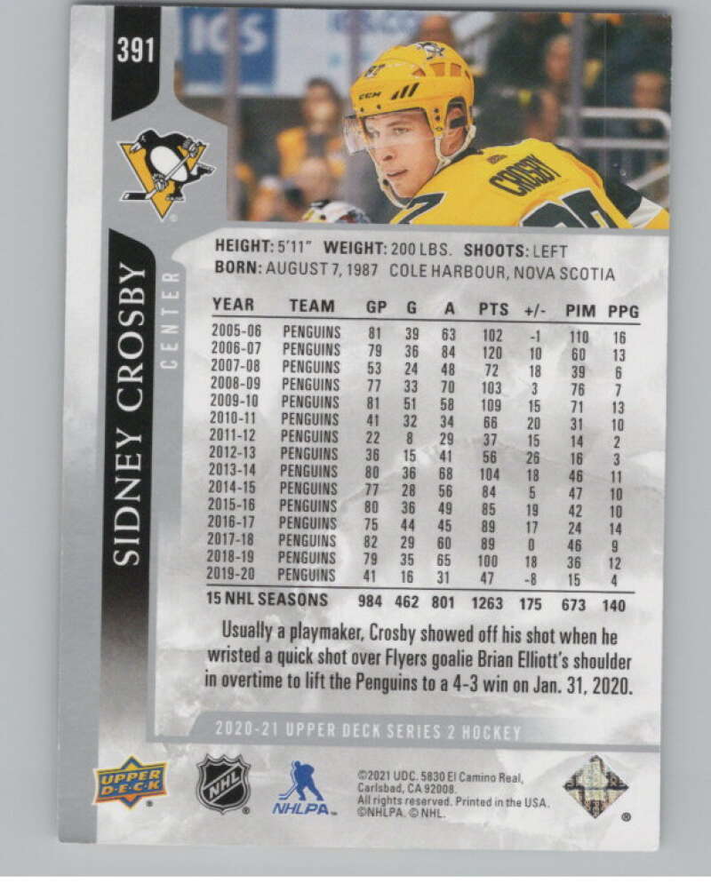 2020-21 Upper Deck #391 Sidney Crosby  Pittsburgh Penguins  V100447 Image 2