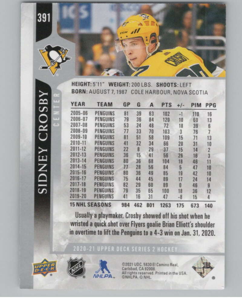 2020-21 Upper Deck #391 Sidney Crosby  Pittsburgh Penguins  V100448 Image 2