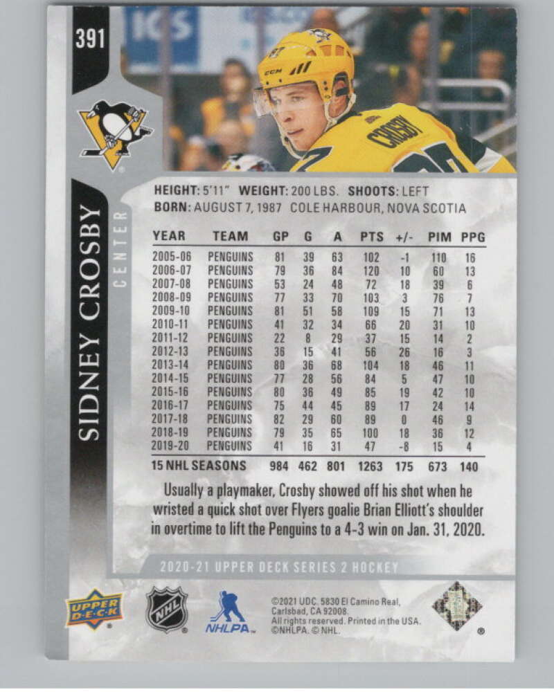 2020-21 Upper Deck #391 Sidney Crosby  Pittsburgh Penguins  V100449 Image 2