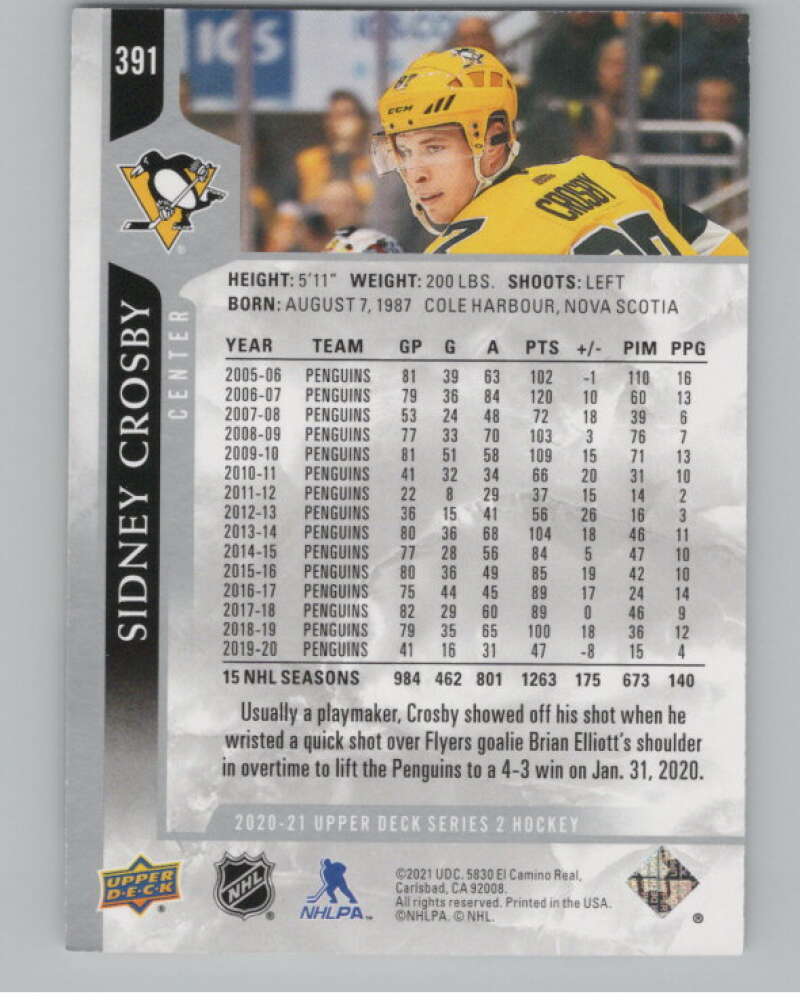 2020-21 Upper Deck #391 Sidney Crosby  Pittsburgh Penguins  V100450 Image 2