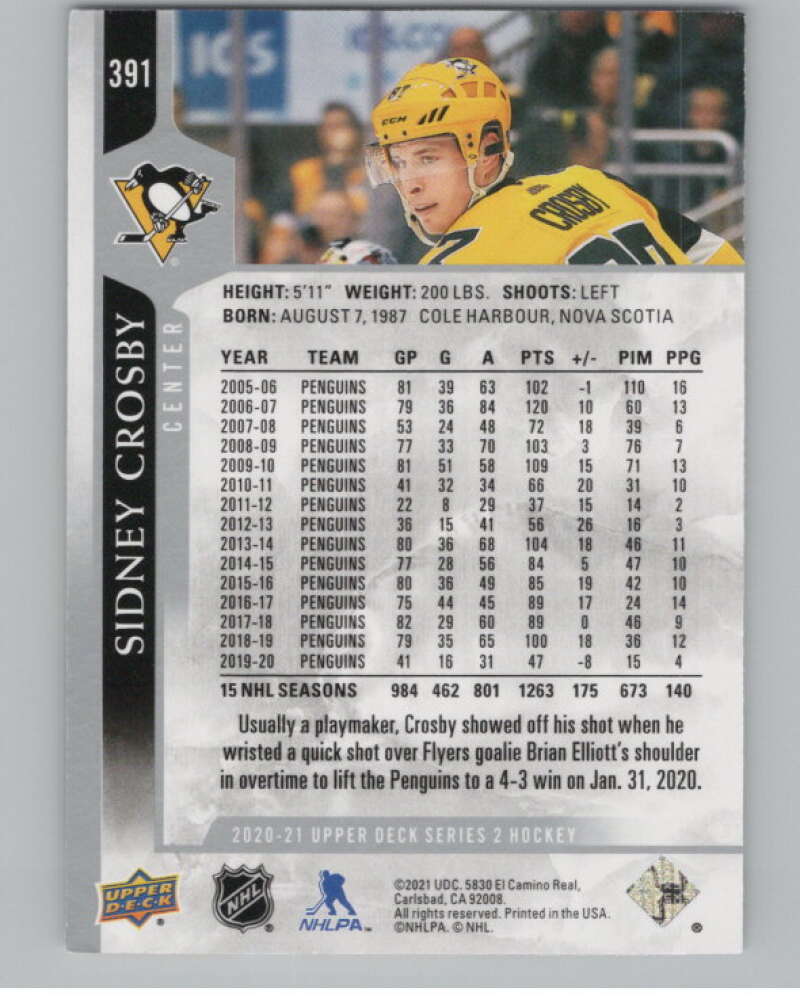 2020-21 Upper Deck #391 Sidney Crosby  Pittsburgh Penguins  V100452 Image 2