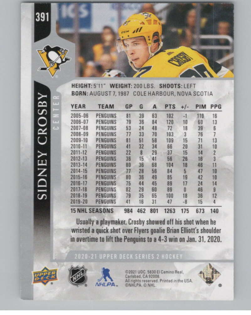2020-21 Upper Deck #391 Sidney Crosby  Pittsburgh Penguins  V100454 Image 2