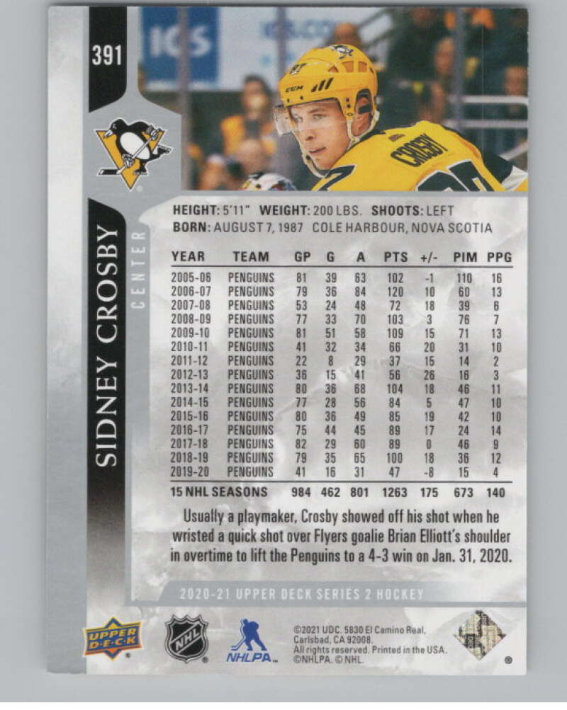 2020-21 Upper Deck #391 Sidney Crosby  Pittsburgh Penguins  V100455 Image 2