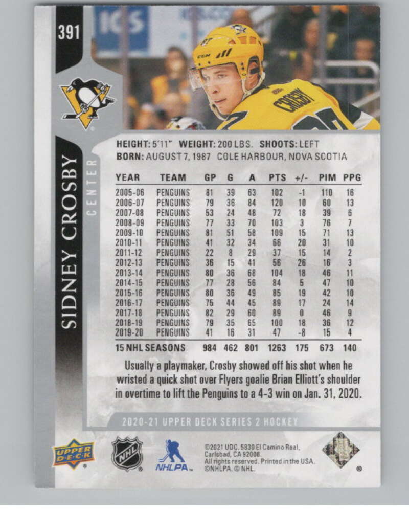 2020-21 Upper Deck #391 Sidney Crosby  Pittsburgh Penguins  V100457 Image 2