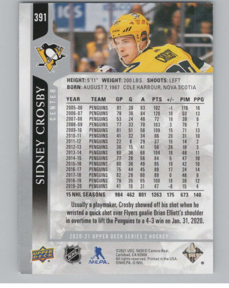 2020-21 Upper Deck #391 Sidney Crosby  Pittsburgh Penguins  V100458 Image 2