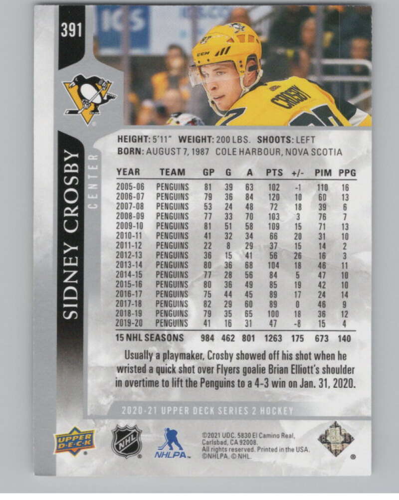 2020-21 Upper Deck #391 Sidney Crosby  Pittsburgh Penguins  V100462 Image 2