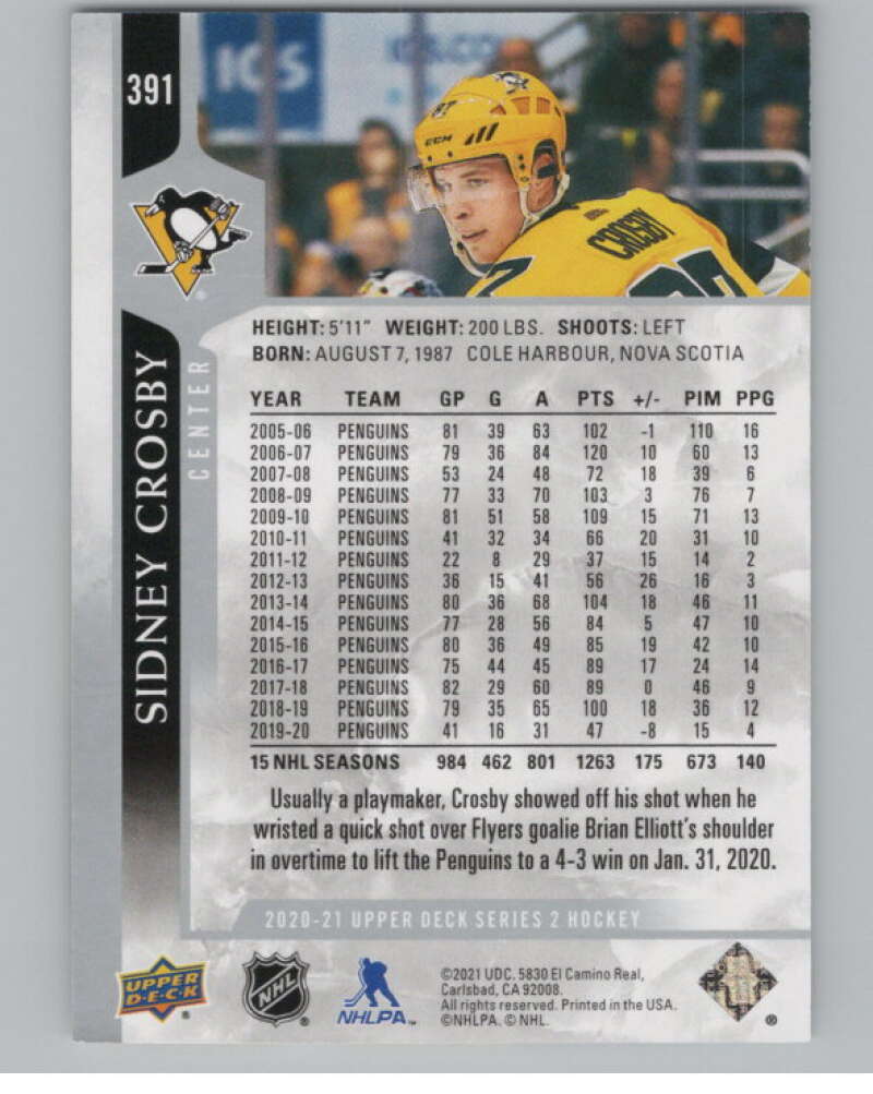 2020-21 Upper Deck #391 Sidney Crosby  Pittsburgh Penguins  V100464 Image 2