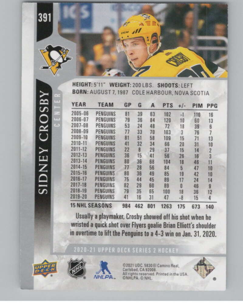 2020-21 Upper Deck #391 Sidney Crosby  Pittsburgh Penguins  V100465 Image 2