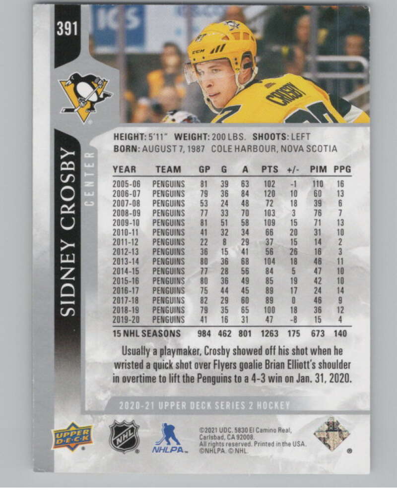 2020-21 Upper Deck #391 Sidney Crosby  Pittsburgh Penguins  V100467 Image 2