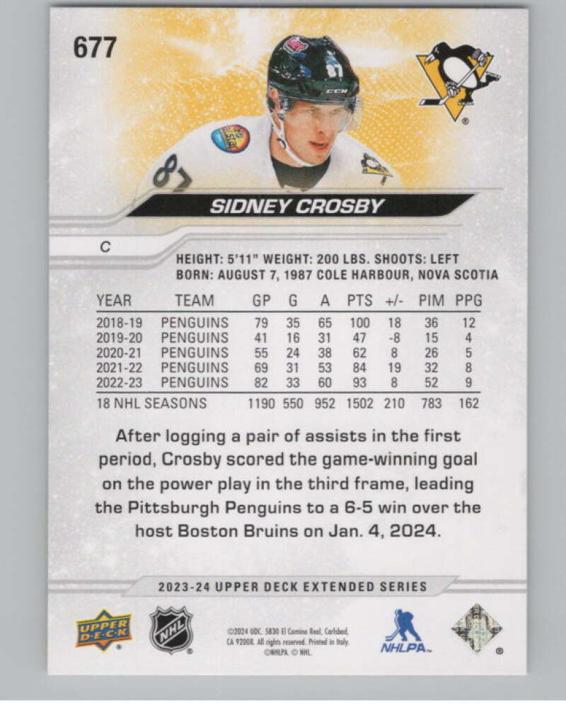 2023-24 Upper Deck Extended Series #677 Sidney Crosby Penguins  V100469 Image 2